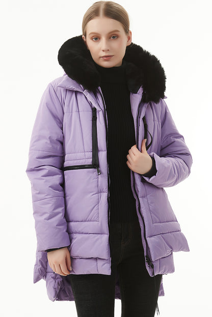 Wisteria Plush Linen Zip Up Hooded Puffer Coat Wisteria 100%Polyester