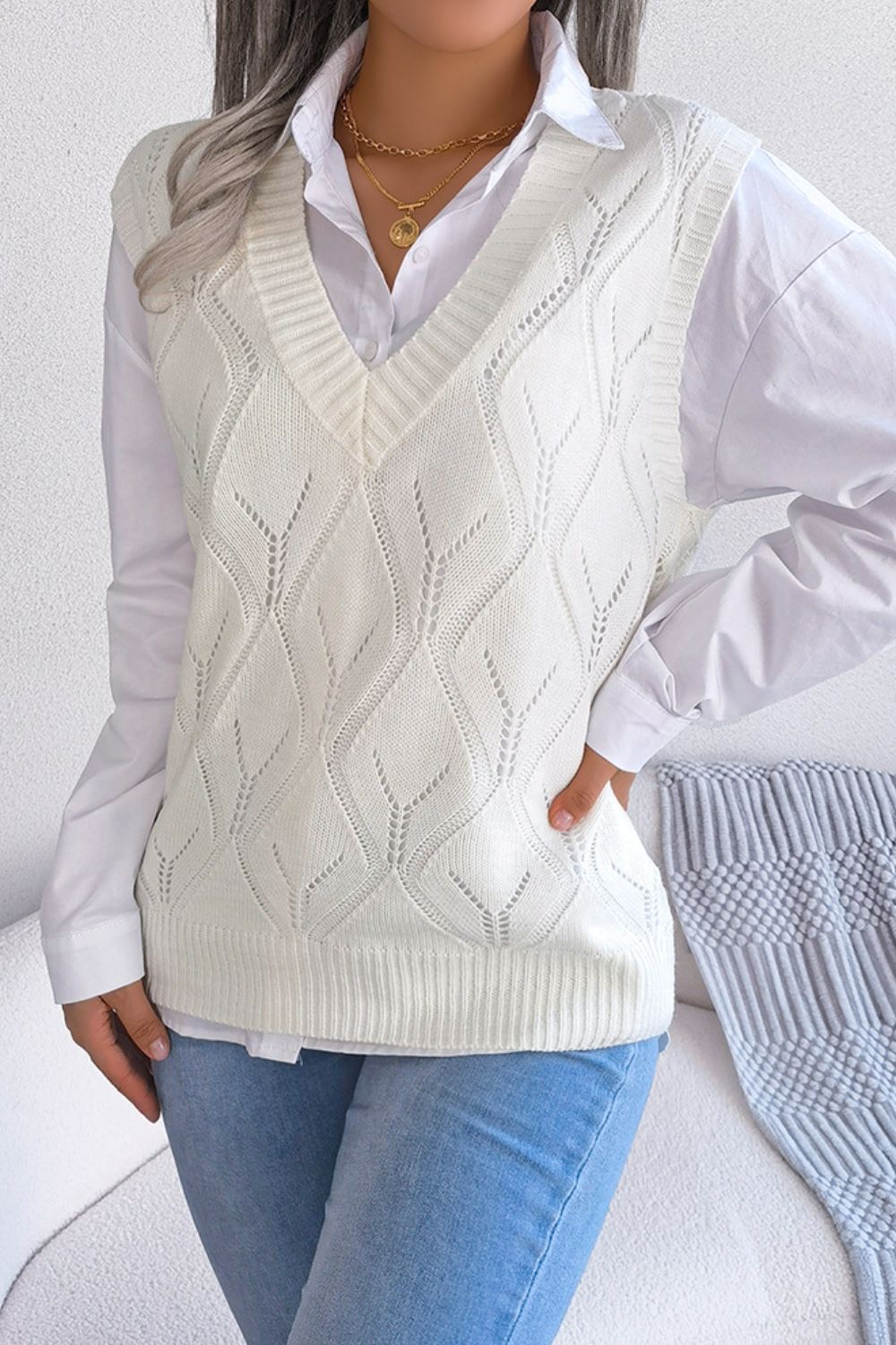 Openwork Ribbed Trim Sweater Vest