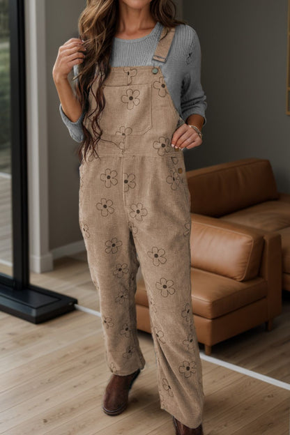 Flower Wide Strap Overalls with Pockets Khaki