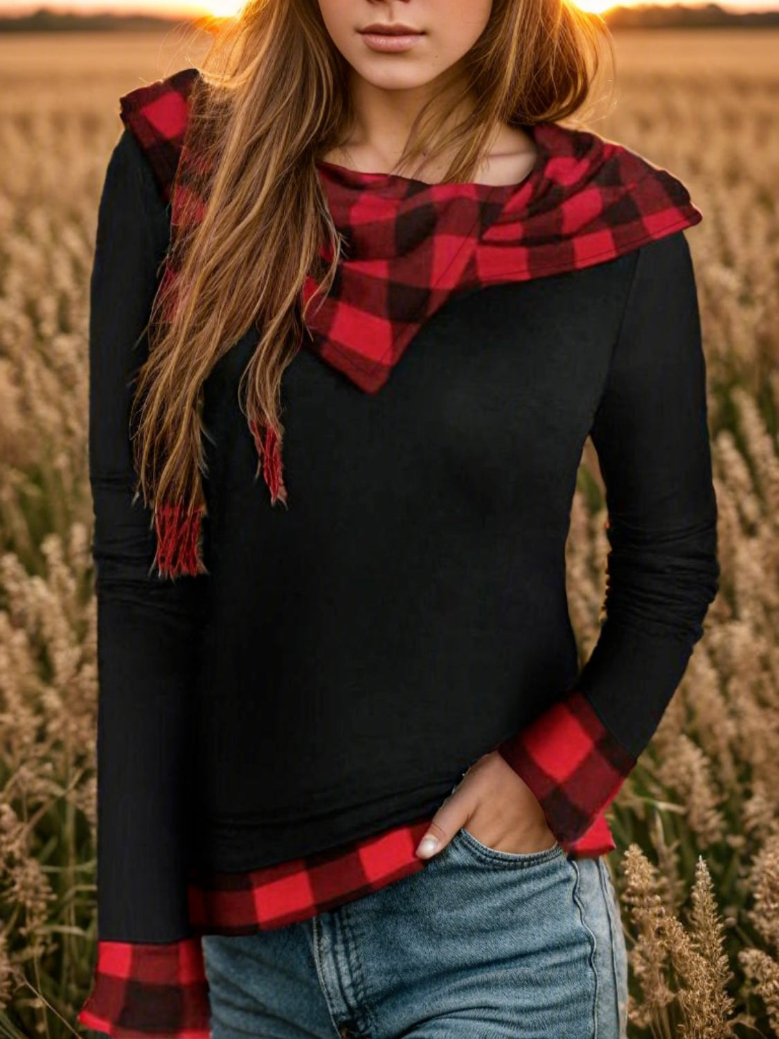 Plaid Long Sleeve Hooded Blouse Black