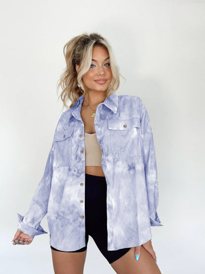 Tie-Dye Button Up Long Sleeve Shirt Misty Blue