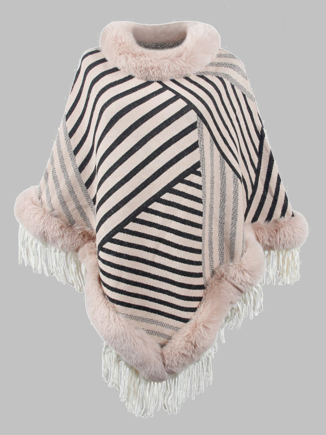 Striped Fringe Hem Poncho - Thandynie