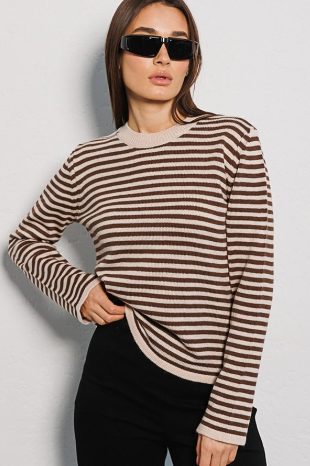 Striped Round Neck Long Sleeve Sweater Chocolate