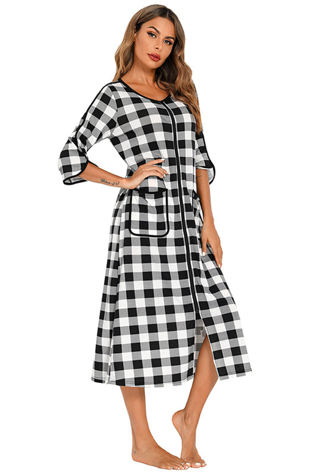 Round Neck Three-Quarter Sleeve Midi Night Dress