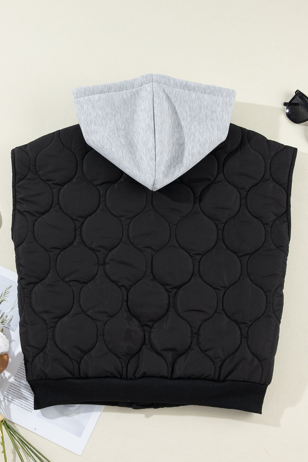 Black Quilted Drawstring Hooded Zip Up Puffer Vest