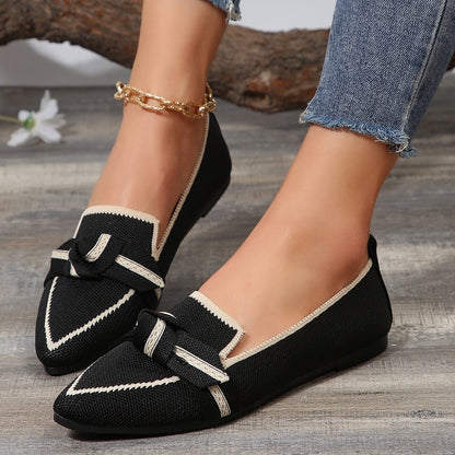 Bow Contrast Trim Point Toe Loafers Black