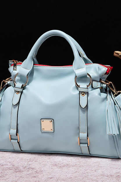 PU Leather Handbag with Tassels Light Blue One Size