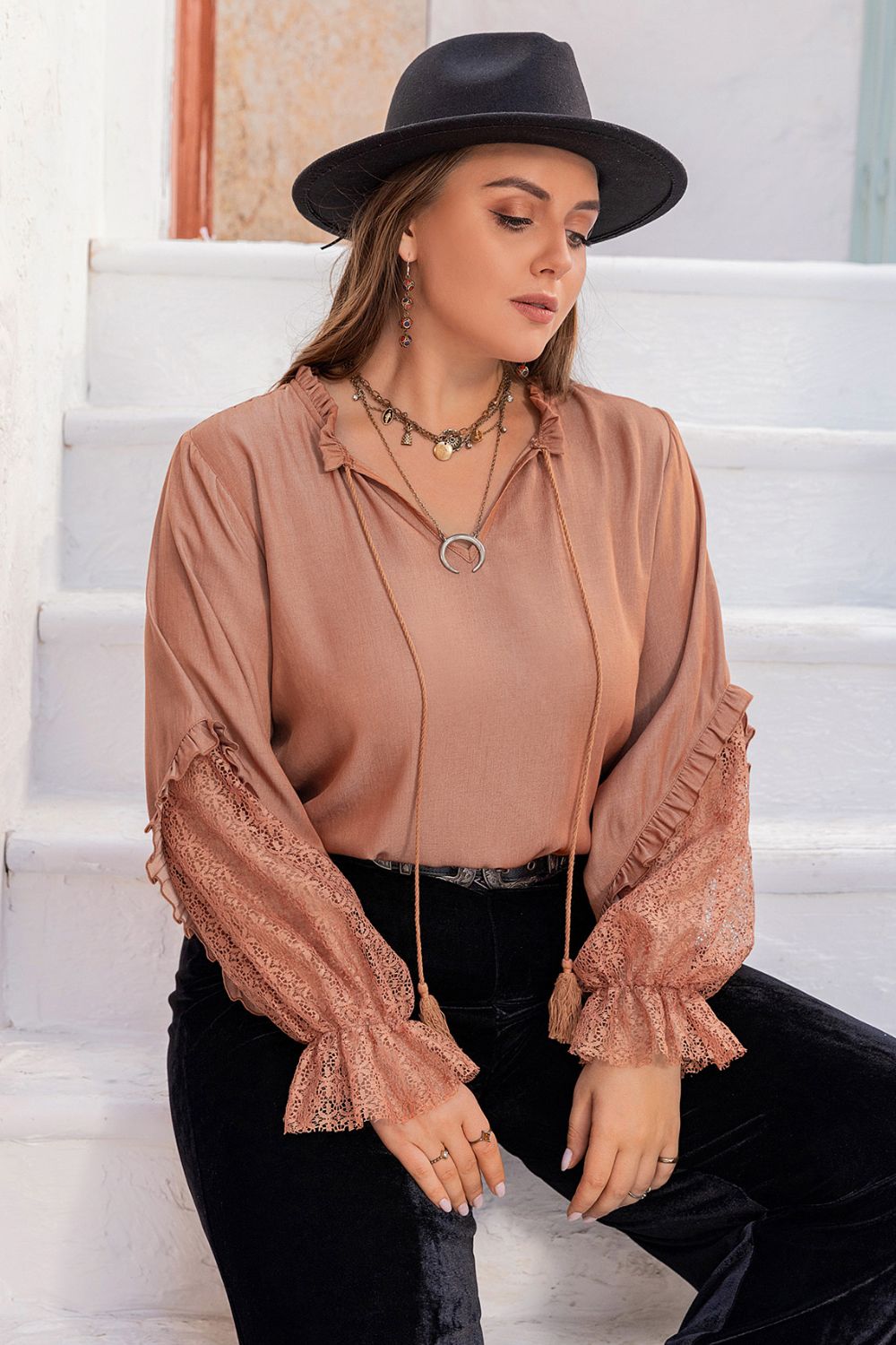 Plus Size Tie Neck Flounce Sleeve Blouse Dusty Pink