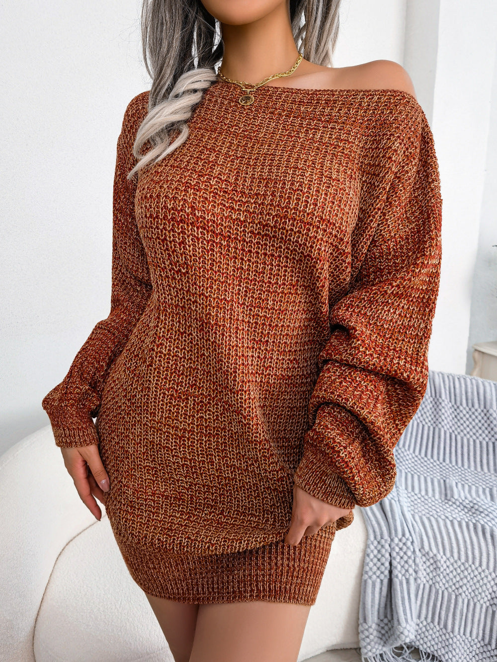 Heathered Boat Neck Lantern Sleeve Sweater Dress Brick S