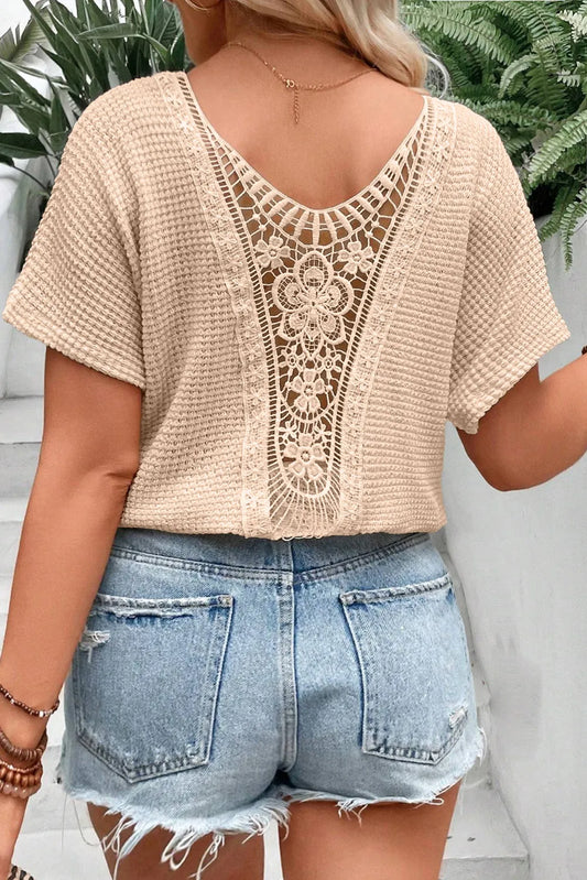 Plus Size Textured Lace Round Neck Short Sleeve T-Shirt Tan