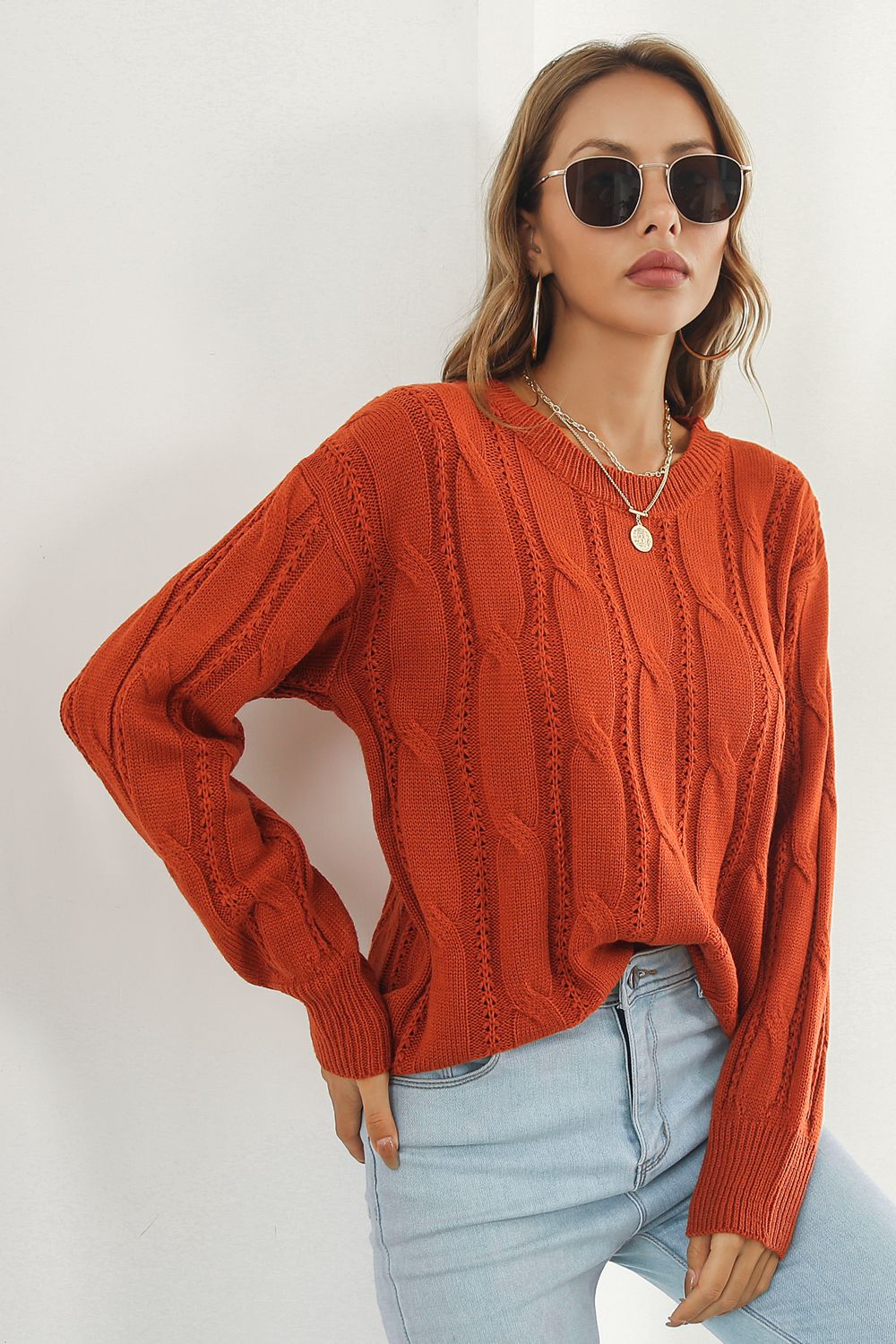 Round Neck Long Sleeve Sweater Rust