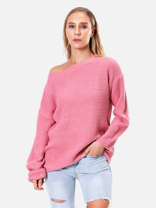 Boat Neck Drop Shoulder Long Sleeve Sweater Hot Pink