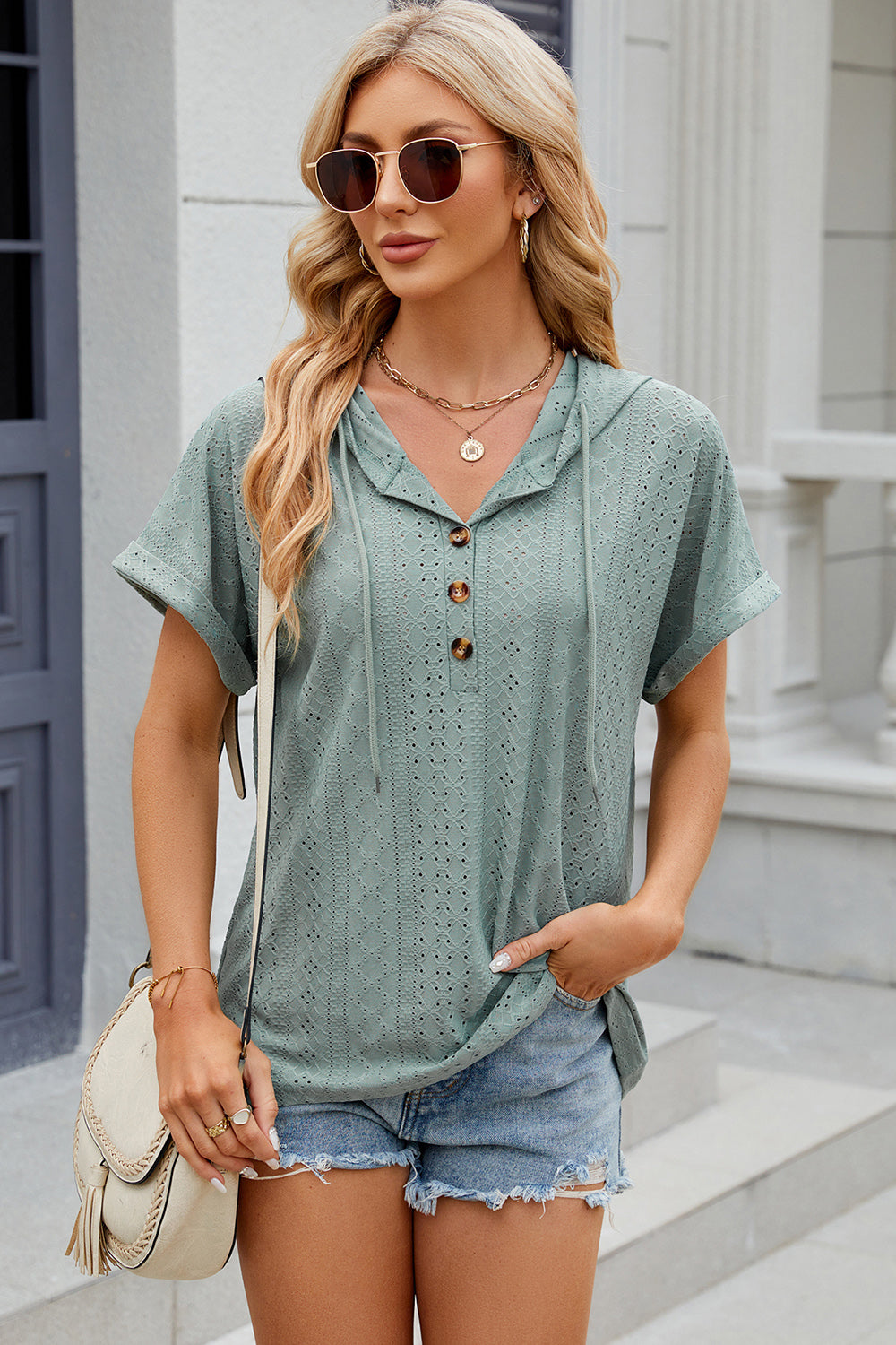 Eyelet Drawstring Hooded Short Sleeve Blouse Light Green