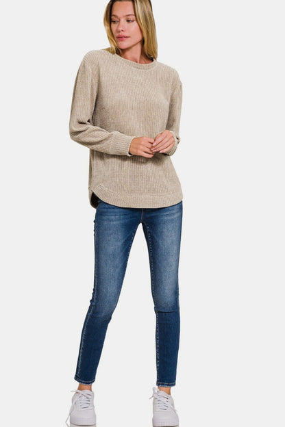 Zenana Chenille Waffle Round Neck Sweater