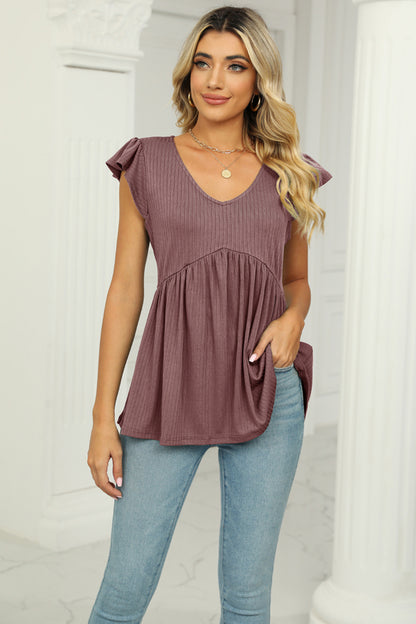 V-Neck Flutter Sleeve Babydoll Blouse Mocha