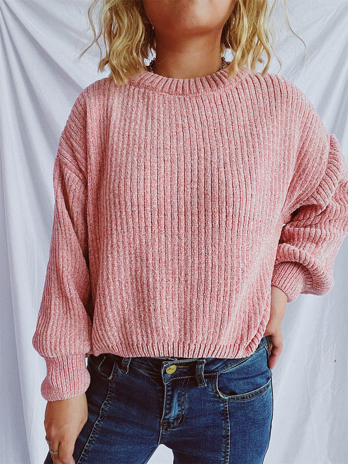 Round Neck Dropped Shoulder Long Sleeve Sweater Dusty Pink One Size