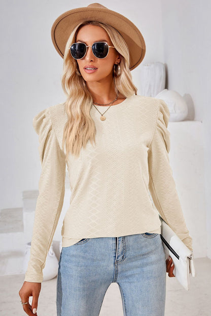 Round Neck Puff Sleeve Blouse Tan