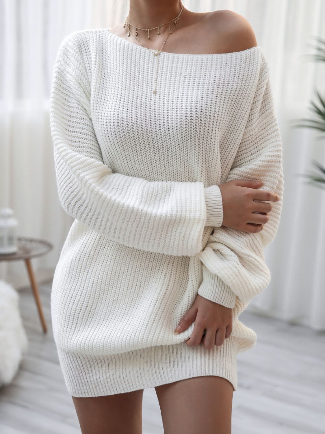 Balloon Sleeve Boat Neck Sweater Mini Dress White