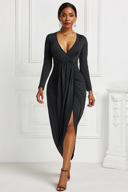 High-low Ruched Surplice Long Sleeve Dress Black