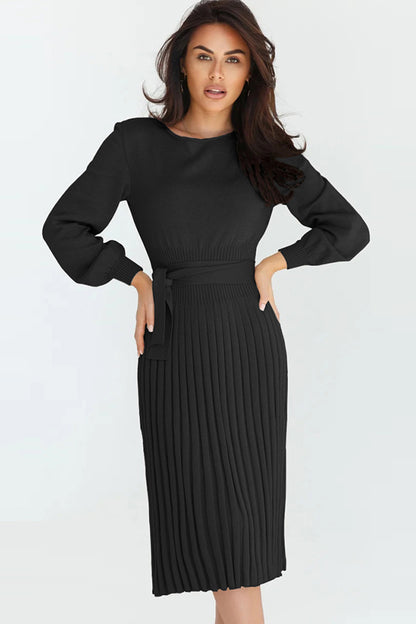 Round Neck Long Sleeve Pleated Sweater Dress Black