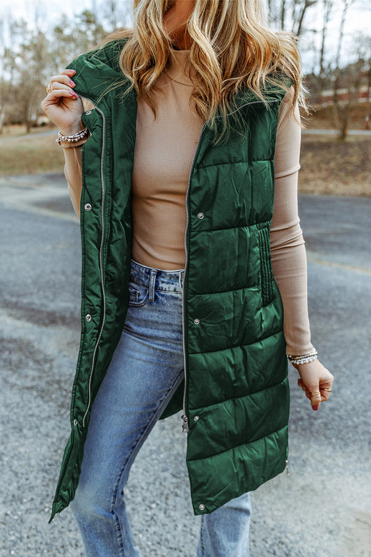 Green Hooded Long Quilted Vest Coat Green 100%Polyamide