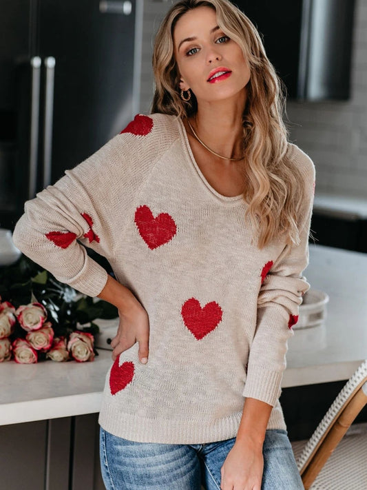 Heart Scoop Neck Long Sleeve Sweater Eggshell