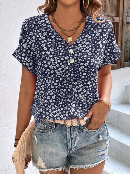 Printed V-Neck Short Sleeve Blouse Dark Blue