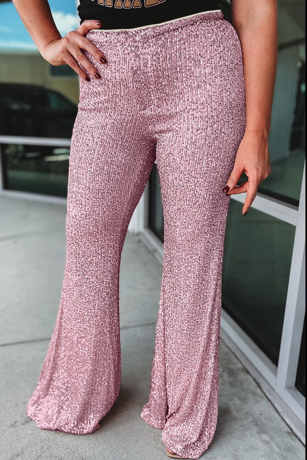 Plus Size Sequin Wide Leg Pants - Thandynie