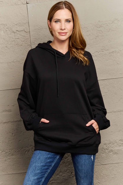 Full Size Long Sleeve Dropped Shoulder Hoodie Black