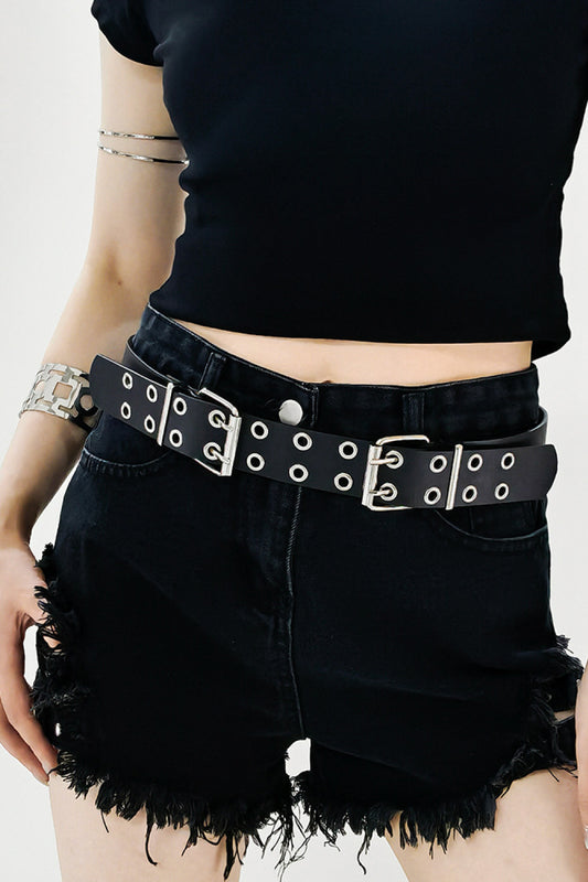 PU Leather Two Row Eyelet Belt Black One Size