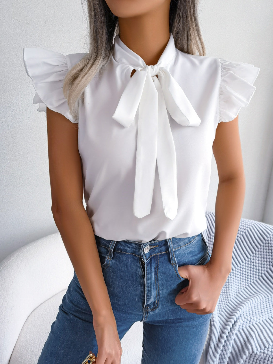 Tie Neck Cap Sleeve Blouse - Thandynie