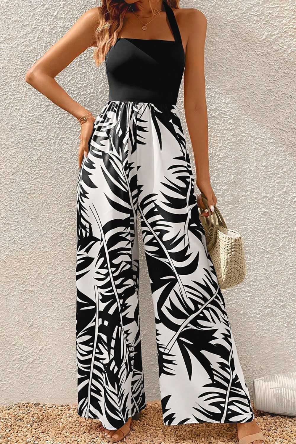 Printed Halter Wide Leg Jumpsuit Black