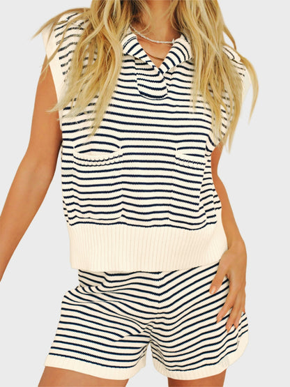 Striped Cap Sleeve Top and Shorts Sweater Set Pastel Yellow