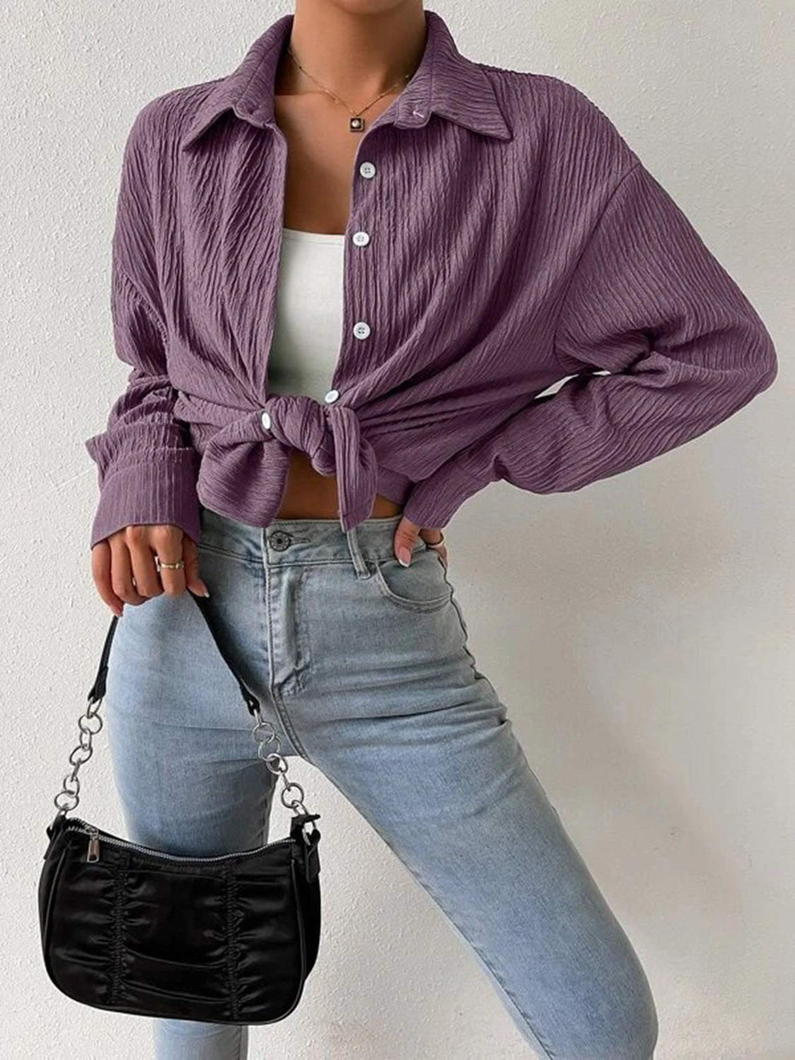 Textured Drop Shoulder Shirt Jacket Lilac