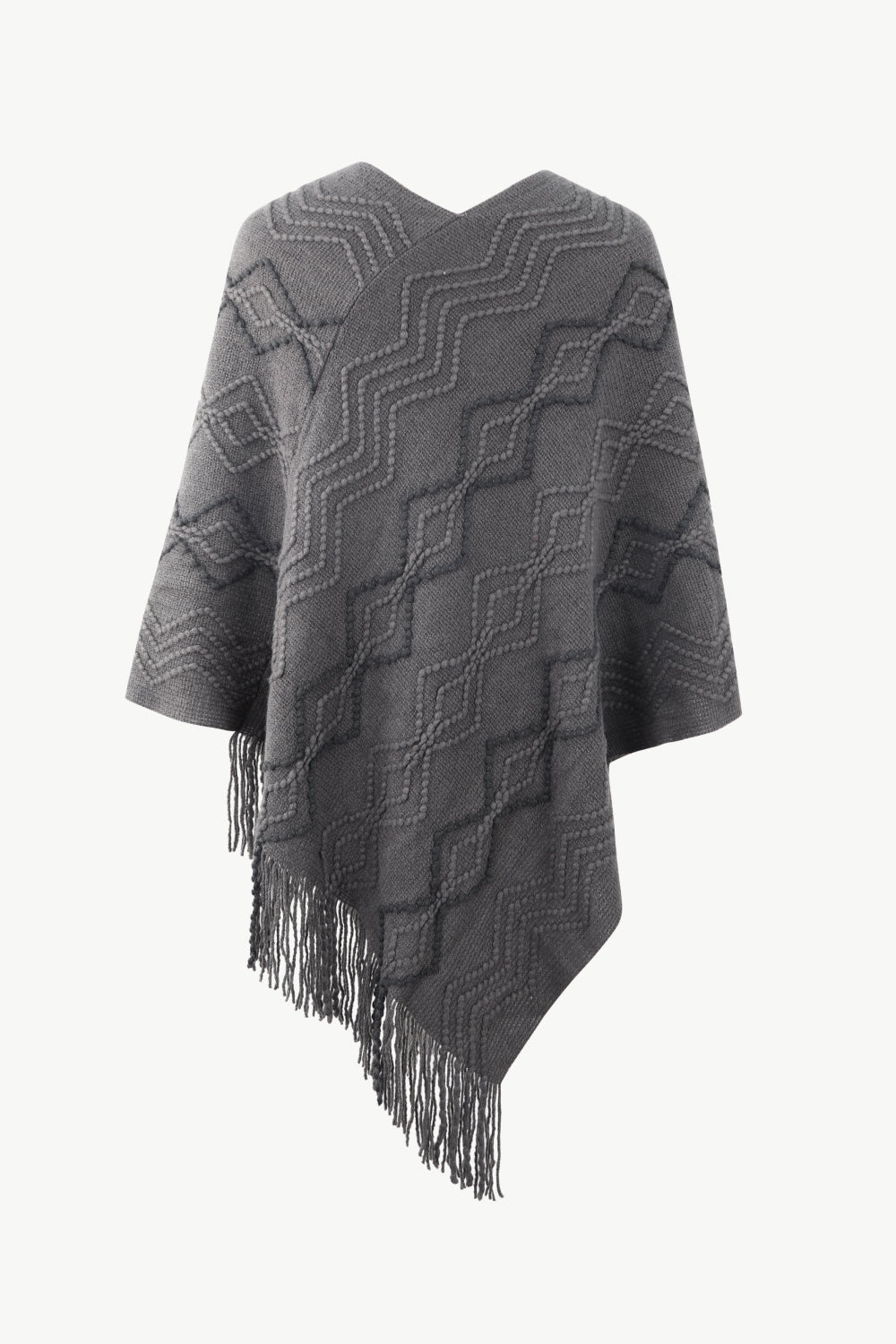 Pearl Trim V-Neck Fringe Hem Poncho - Thandynie