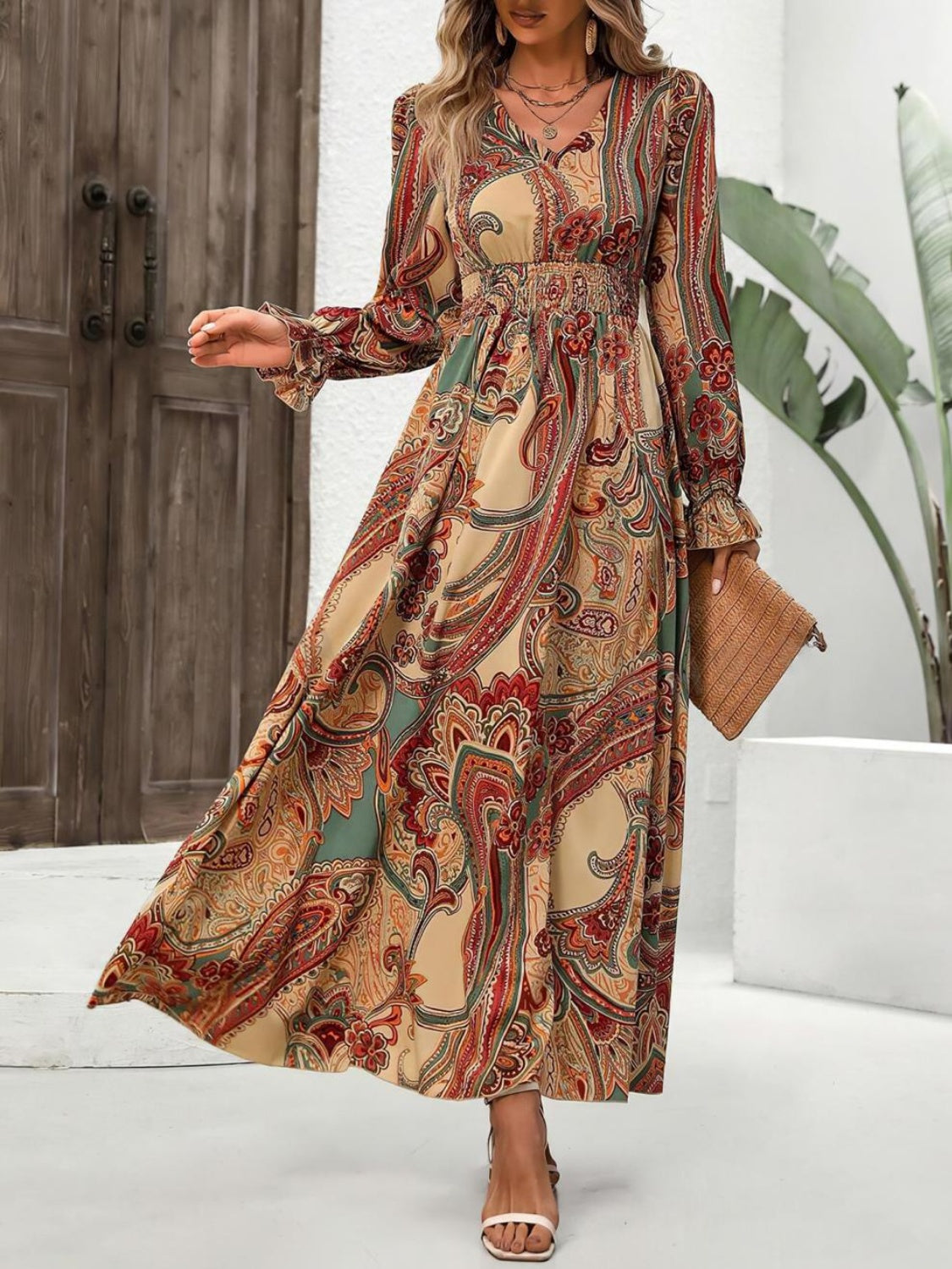 Smocked Printed V-Neck Flounce Sleeve Dress Caramel