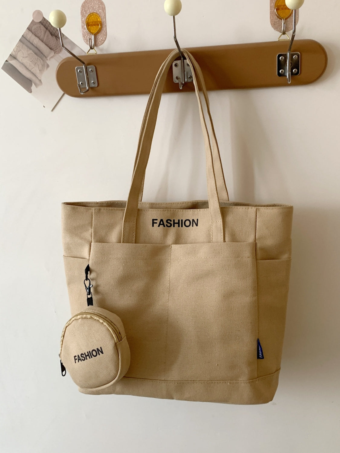 Canvas Tote Bag with Pouch Khaki One Size