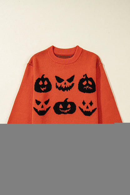 Orange Halloween Pumpkin Face Pattern Drop Shoulder Sweater