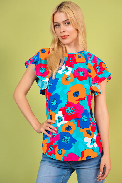 Floral Round Neck Tied Blouse Multicolor