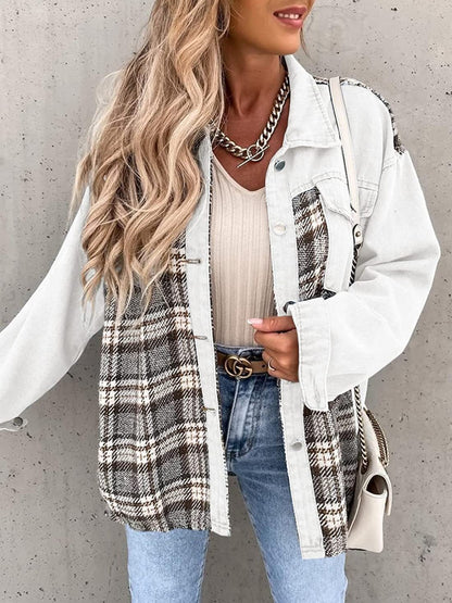 Plaid Button Up Dropped Shoulder Jacket White