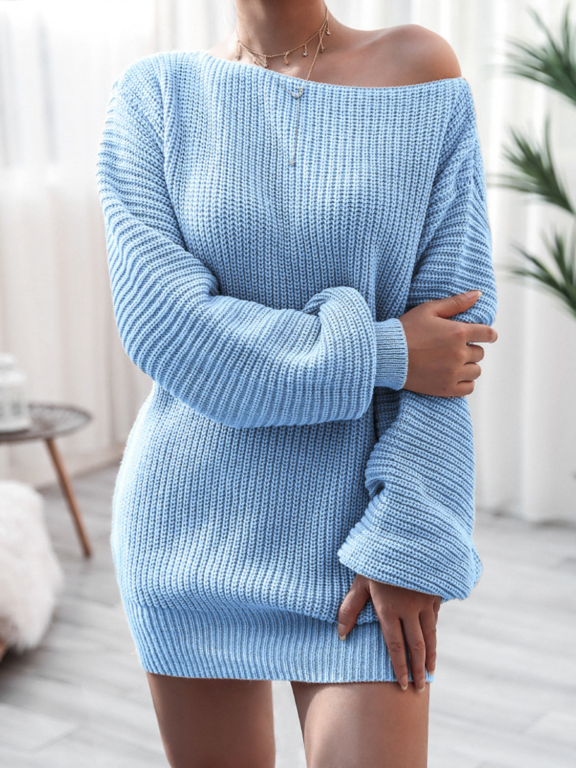 Rib-Knit Mini Sweater Dress Pastel Blue
