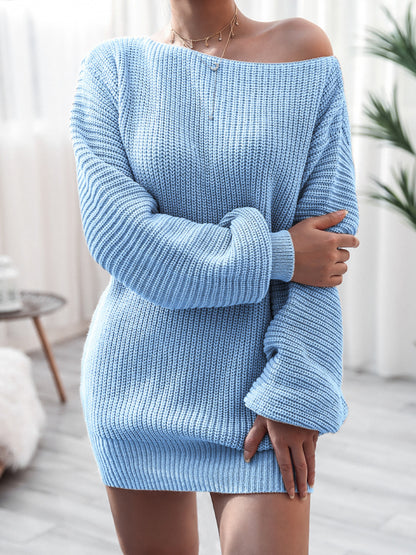 Rib-Knit Mini Sweater Dress with Stretch Pastel Blue