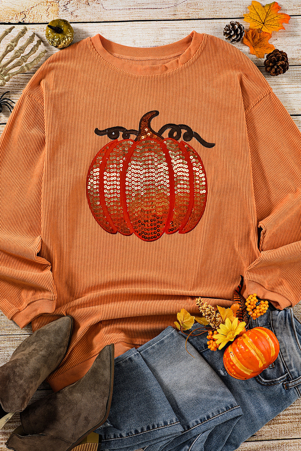 Orange Sequined Pumpkin Ribbed Round Neck Halloween Sweatshirt Orange-3 100%Polyester