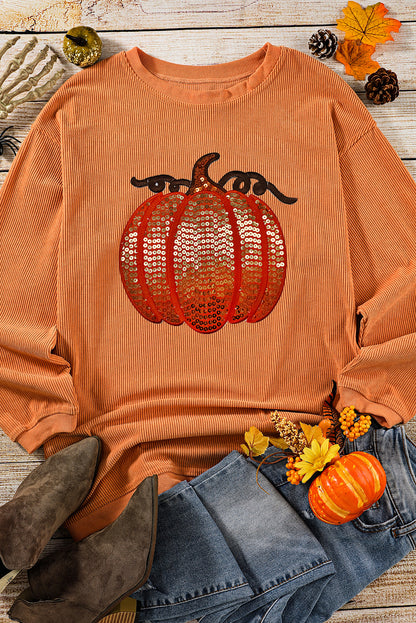 Orange Sequined Pumpkin Ribbed Round Neck Halloween Sweatshirt Orange-3 100%Polyester