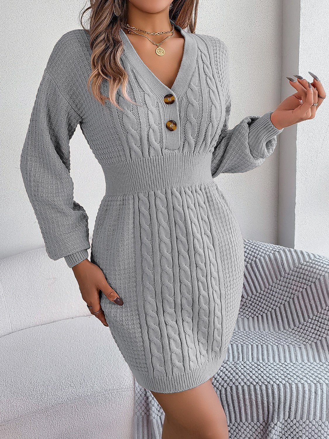 Buttoned Cable-Knit V-Neck Sweater Dress Charcoal