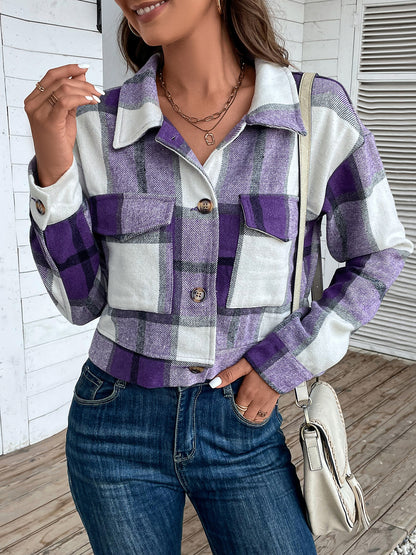 Plaid Button Up Drop Shoulder Cropped Jacket Blue Purple