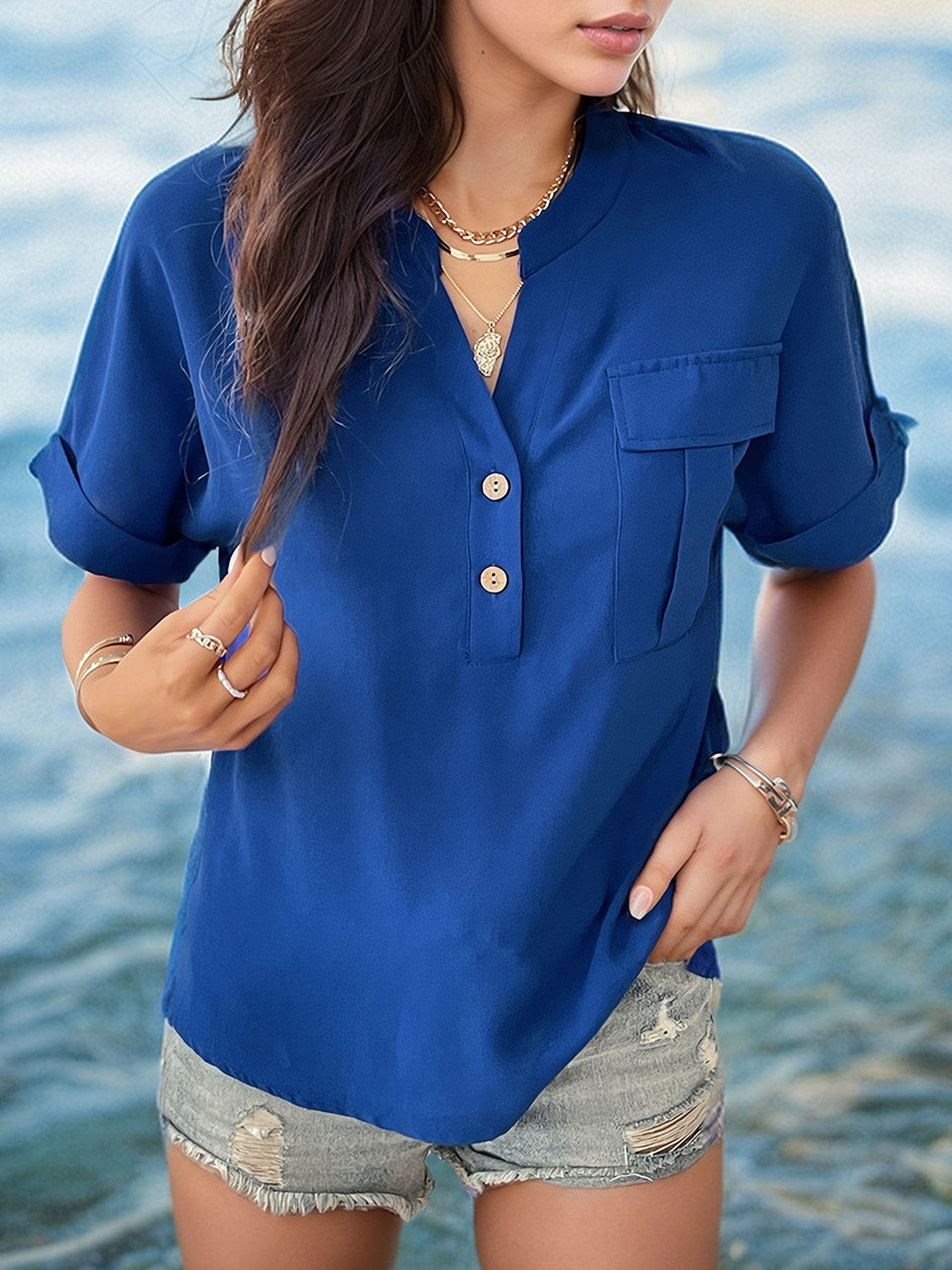 Buttoned Notched Short Sleeve Blouse