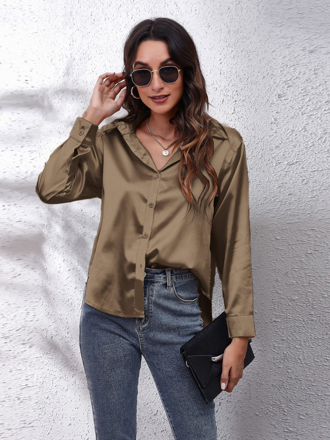 Button Up Collared Neck Long Sleeve Shirt Taupe