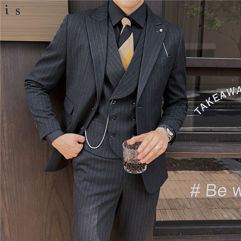 Men's British Slim-fitting Double Button Striped Suit Three-piece Suit