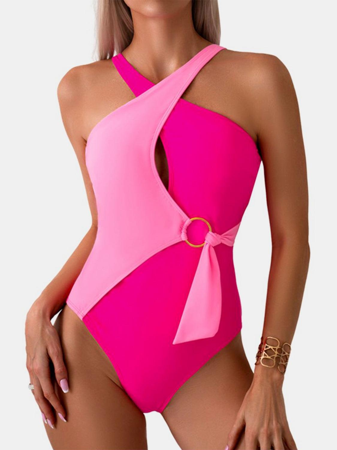 Cutout Contrast Sleeveless One-Piece Swimwear Hot Pink